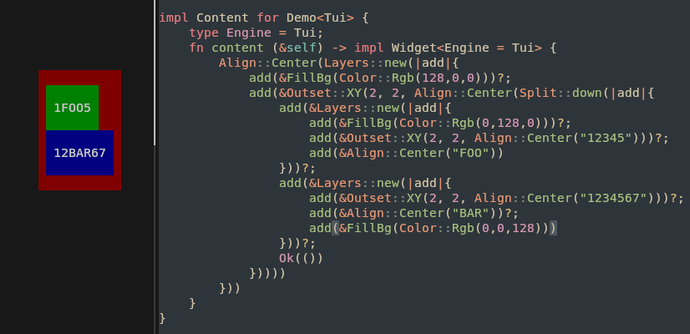 a tmux split. left part shows 3 nested rectangles in different colors with padding and text. right part shows the code that defines them (https://codeberg.org/unspeaker/tek/src/commit/dc03a664a48072ce5c3219544e92001236388604/crates/tek_core/examples/demo.rs#L36-L57)