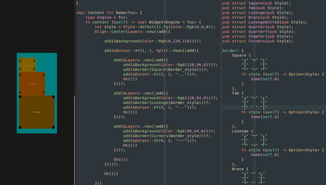 this time the terminal is split into 3. leftmost part shows 3 brown rectangles of different sizes with box drawing characters at the corners making them look kind of like suitcases. the rectangles are on a turquoise background. center terminal shows code for the layout. rightmost window shows some of the available border styles - with different shapes of corners, basically