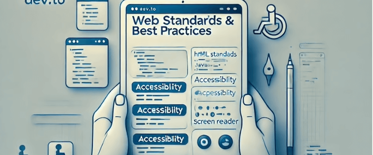Image illustrant l'article de Yoshi Rubin sur dev.to : dessin en bleu et gris d'une tablette tactile tenue par 2 mains sur laquelle est inscrite Web Standards  best practices, Accessibilty plusieurs fois et Screen reader.
