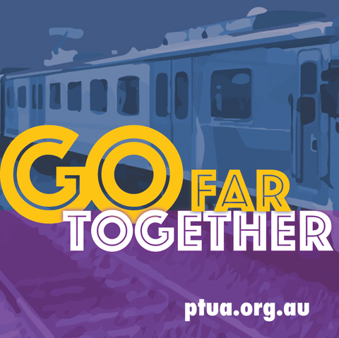 Stylised train image. Text: Go far together ptua.org.au