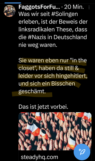 Tadzio Müller, Klimaaktionist, schreibt:
".... Sie ( Nazis) waren eben nur "in the closed" haben da still und leider vor sich hingehüttlert, und sich ein bisschen geschämt. Das ist jetzt vorbei"


