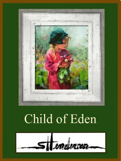 Framed print of an original oil painting depicting a little girl in a red dress and green knitted hat, standing in the garden holding a bouquet of radishes.