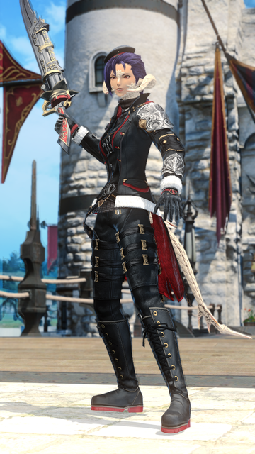 Berin Rinrin, a female raen Au Ra, as Gunbreaker in a black outfit with red accents, wielding a gunblade.