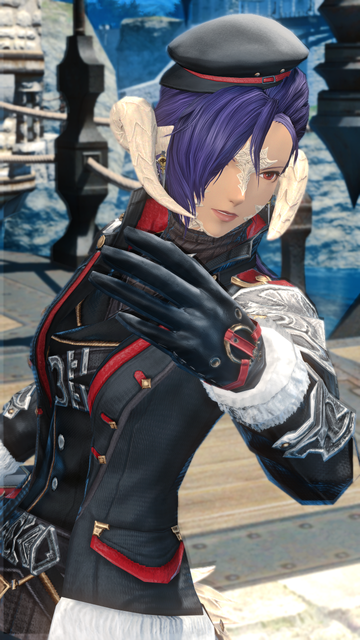 Closeup shot of the outfit, Berin is mid-movement, swinging a hand in front of her, which conveniently shows off the cool gold details and red strap on it.