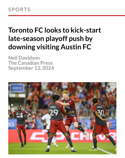 Headline: “Toronto FC looks to kick-start late-season playoff push by downing visiting Austin FC”