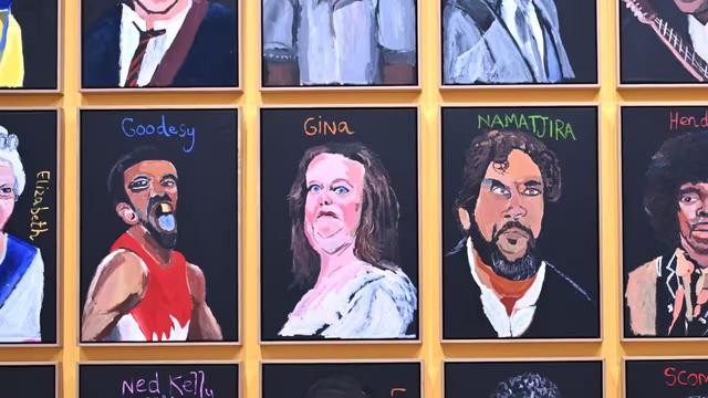 Australia in Colour, 2021’ by Vincent Namatjira, which includes portrait of footballer Adam Goodes, Billionaire Gina Rinehart, and the artist himself is seen at the National Gallery of Australia, Canberra. Source: LUKAS COCH/AAPIMAGE