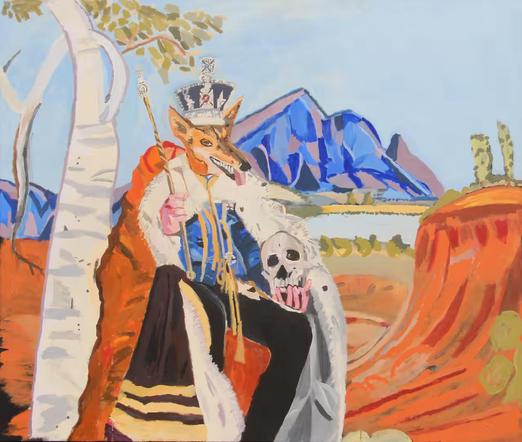 Portrait painting of “King Dingo” wearing monarch Crown, royal robe and holding a gold Sceptre/stick in one hand and on the other hand human skull “orb” 
Surrounding are red rocks and dirt, spinifex grass; a white barked eucalyptus tree and behind in distance “blue hills” 