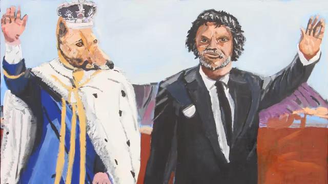 Vincent Namatjira's new paintings are self-portraits based on a character named King Dingo. Credit: AAP/Supplied by Amez Yavuz gallery 

Image: Waving 
The artist VN in a suit and tie 
with “King Dingo” wearing Crown and Royal robe
In background desert and mountains 
