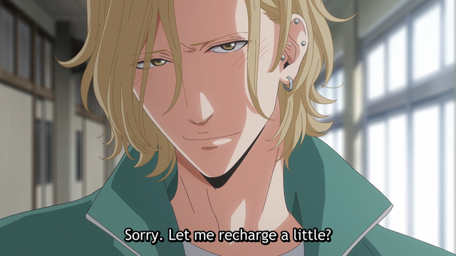 A close up of the face of a teenage boy (Hisashi), with a slightly seductive stance/expression, cheeks with just a touch of color, saying, "Sorry. Let me recharge a little?"