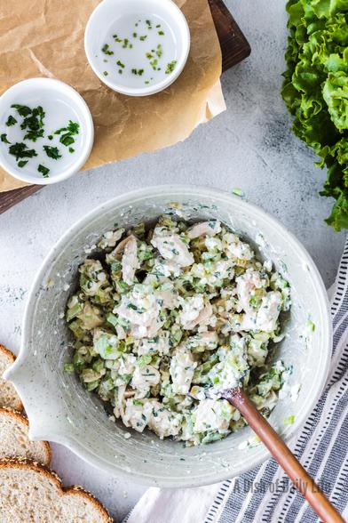 Bowl of cottage cheese chicken salad, mixed and ready to put onto bread. 