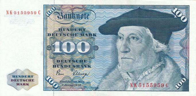 Obverse of the 100 Deutsche Mark banknote first issued by West Germany’s Deutsche Bundesbank on 26 February 1962, and in circulation until 30 June 1995. The design by Swiss graphic artist Hermann Eidenbenz features a portrait of cosmograph Sebastian Münster (1488–1552), originally by Christoph Amberger (1552).
