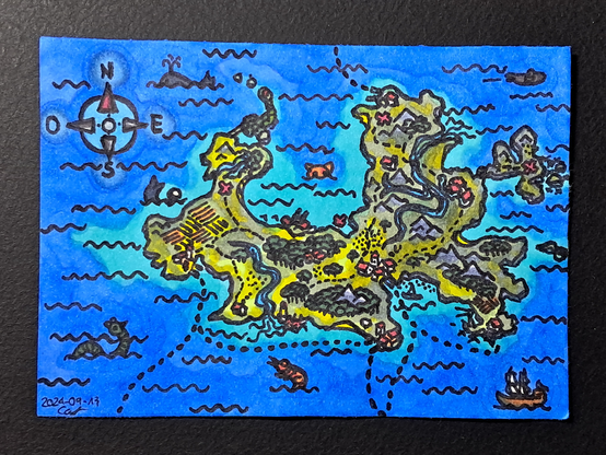 Une carte d'une petite archipel dessinée avec une île principale peuplée de champs, forêts, montagnes, et villages, entourées de petites îles secondaires, avec des créatures sur les mers environnantes ; des croix rouges sont parsemées ça et là, et des routes maritimes sont également visibles, ainsi qu'une rosace en haut à gauche.