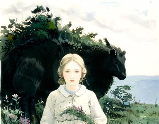 Image prompt: A photograph of a blond child in a field

Prompt: Stanza from Sylvia Plath's Wuthering Heights: There is no life higher than the (grasstops:1.1) Or the hearts of (sheep:1.1), and the (wind:1.1) Pours by like destiny, bending Everything in one direction. I can feel it trying To funnel my heat away. If I pay the (roots:1.1) of the (heather:1.2) Too close attention, they will invite me To whiten my (bones:1.2) among them. (style of Frances MacDonald:1.2), (style of Michael Carson:1.1), (style of Terada Katsuya:0.8), (rural:0.9)

LoRA 1	add-detail-xl.safetensors : 0.9
LoRA 2	xl_more_art-full_v1.safetensors : 1.1
LoRA 3	Araminta_K_Illustrated-000018 (1).safetensors : 1.0

Negative Prompt: photograph, realistic