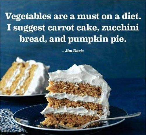 Two slices of cake on plates. Text overly says: vegetables are a must on a diet. I suggest carrot cake, zucchini bread and pumpkin pie. 