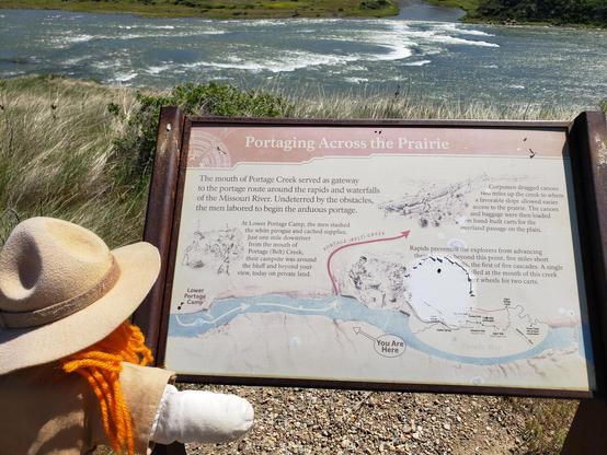 Ranger Sarah learns about the portage around the Great Falls which started with the Corpsmen dragging canoes 2 miles up Portage (Belt) creek to a more gentle slope they could use to get to the prairie.
