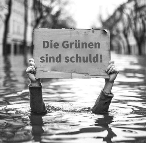Bild von einer Region im Hochwasser. Aus dem Wasser ragen zwei Arme. Die Hände halten ein Plakat mit der Aufschrift: „ Die Grünen sind schuld!“