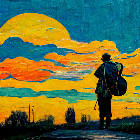 A depiction of a pilgrim in the style of Vincent van Gogh. A road, a cloudy sky, a pilgrim with a backpack and a big sun.