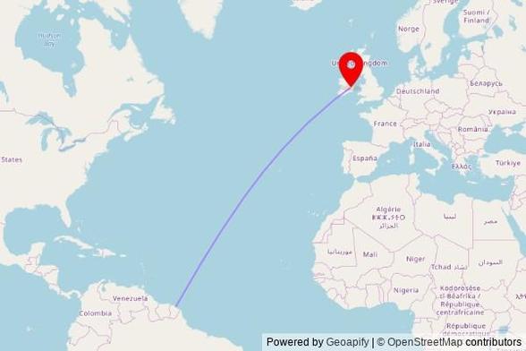 A map showing the great circle route from Kourou in France to a map pin at Carlow Cathedral, College Street, Carlow, County Carlow, Ireland