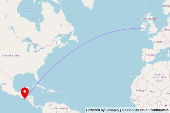 A map showing the great circle route from County Carlow in Ireland to a map pin at Iglesia Mormona, 3ª Avenida Norte, 9601 - Izalco, Departamento de Sonsonate, El Salvador