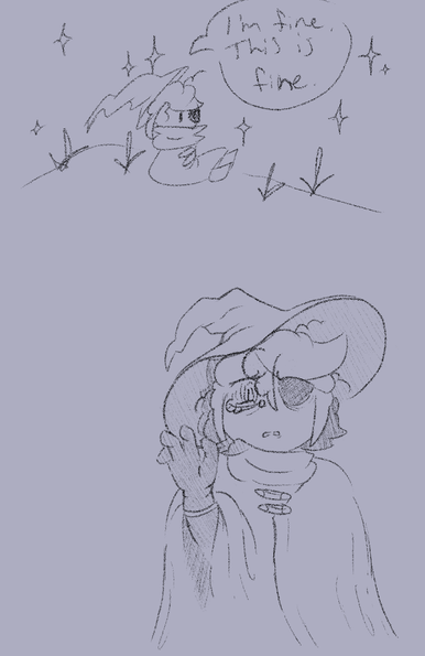 Image ID: Two sketches of Siffrin from "In Stars and Time."
The bottom sketch shows them holding out their right hand, stuck in a moment of reaching out. His expression is distressed and confused.
The top sketch shows him sitting on a hill in a simple chibi style. There are grasses on the hill and stars dot the sky. There is a speech bubble from them that says "I'm fine. This is fine." End ID.