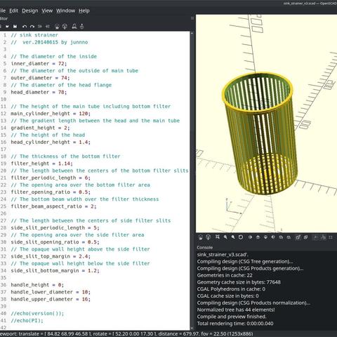 A screen capture of OpenSCAD showing the latest modifications. The left side is the text file that is translated to the shape. Only the parameter portion of the text file is visible. The magic part is off screen.