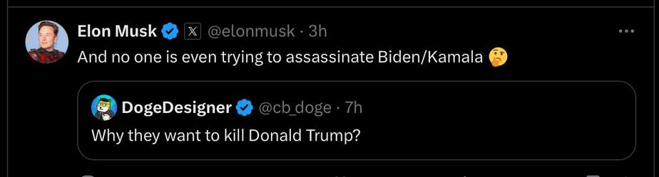 An Elon musk tweet where he wonders why no one is trying to kill the democrat presidential nominee