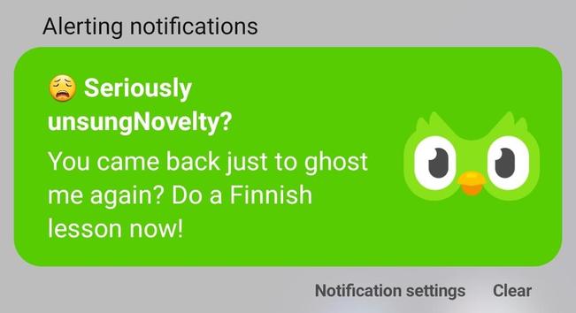 Duoling app's notification why says:
Seriously unsungNovelty?
You came back just to ghost me again? Do a Finnish lesson now!