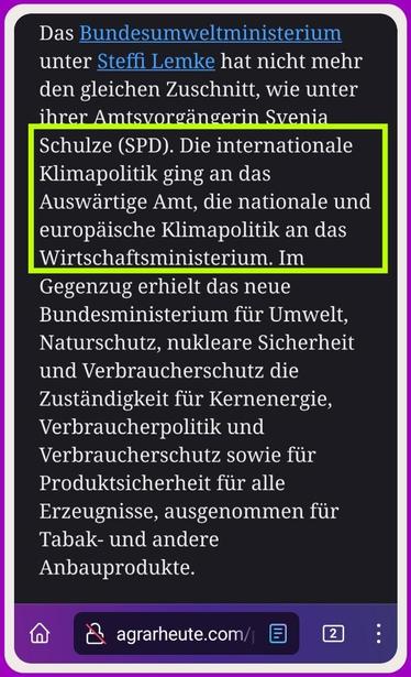 Markierte Stelle im Text der Website:
Die internationale Klimapolitik ging an das Auswärtige Amt, die nationale und europäische Klimapolitik an das Wirtschaftsministerium.
Quelle:
https://www.agrarheute.com/politik/plant-steffi-lemke-umweltministerin-588689