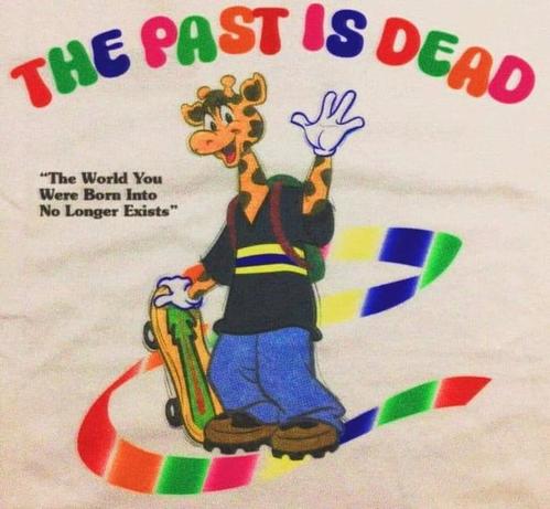 The Toys R' Us giraffe dressed in 90's style skater wear. The image is a colorful take on the 90's print advertisements. The text reads "The world you were born in no longer exists".