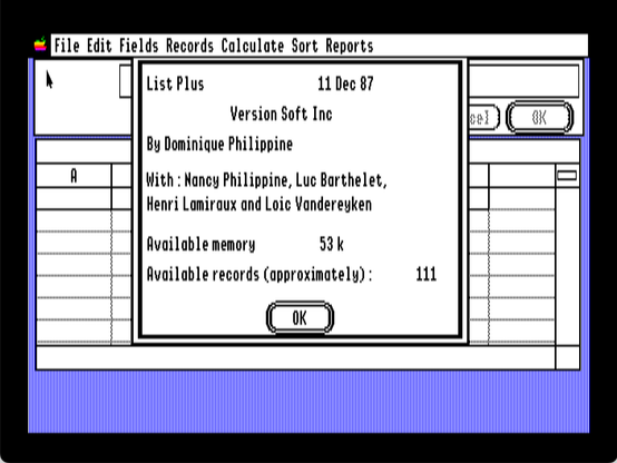 about box screenshot from "List Plus" 11 Dec 87, Version Soft Inc, by Dominique Philippine, with Nancy: Philippine, Luc Barthelet, Henri Lamiraux, and Loic Vandereyken