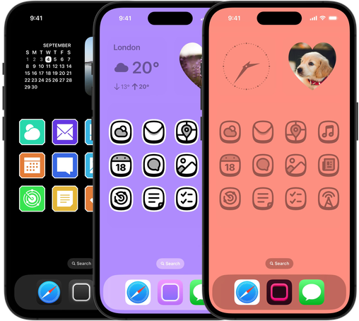 A collection of screenshots showing a fully customized Home Screen with bubbly icons and seamless background.