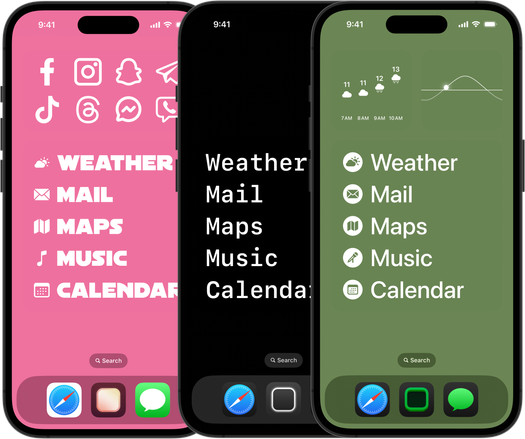 A collection of screenshots showing text based action widgets which replace typical launchers with single words 