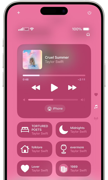 A control center for playing music with each action widget connected to a different album.
