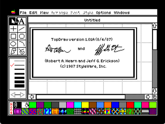 about box screenshot from "TopDraw" version 1.01A 8/4/87, Robert A. Hearn and Jeff G. Erickson, ©1987 StyleWare