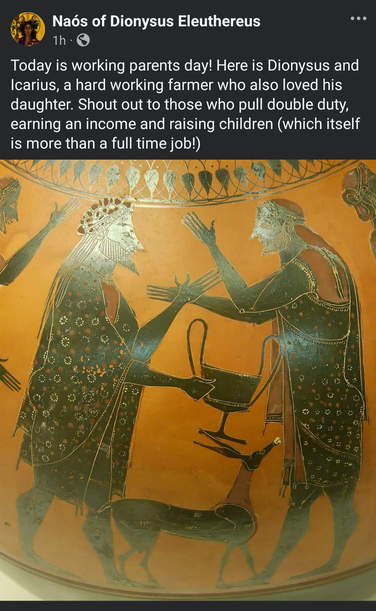Today is working parents day! Here is Dionysus and Icarius, a hard working farmer who also loved his daughter. Shout out to those who pull double duty, earning an income and raising children (which itself is more than a full time job!)