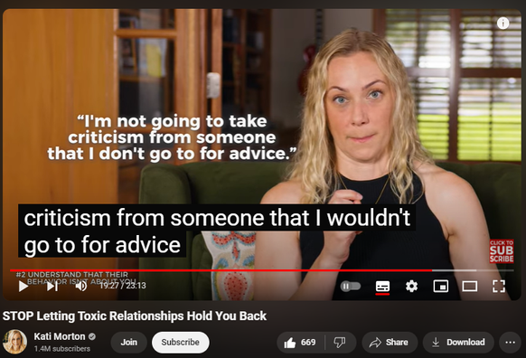 https://www.youtube.com/watch?v=mGa5pJR3cMI
STOP Letting Toxic Relationships Hold You Back


7,861 views  9 Sept 2024
Dealing with toxic people in your life? Whether it’s a toxic friend, family member, coworker, or even a toxic boss, most of us have encountered these challenging relationships. Maybe you’ve even realized you were the toxic one before starting your healing journey. While we don’t always get to choose who’s in our life, we can learn how to handle toxic relationships effectively. In this video, we’ll share 9 powerful strategies for dealing with toxic people, including toxic parents, friends, coworkers, and more. Have you faced a toxic person in your life? Share your experience and what worked for you in the comments below!