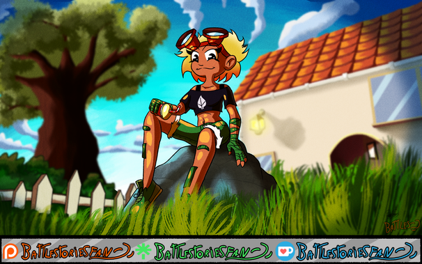 Digital fanart of Peargor's rendition of Solar Flare, who's sitting on a rock on the garden, in front of the Plants vs Zombies house. It's a sunny day and she's smiling at the viewer.