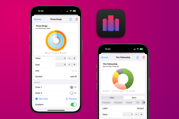 Screenshots of Charty 2.0 showing a ring and a pie chart