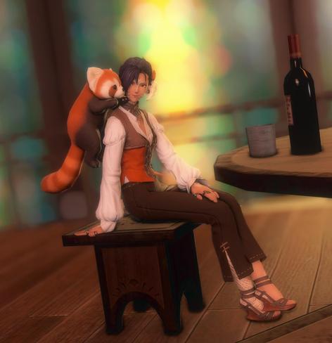 Berin Rinrin sitting in a tavern, red panda on her shoulder
 She is wearing an orange vest over a white shirt, brown pants with long slits and matching sandals