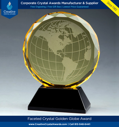 Golden crystal globe award, world globe crystal award, golden globe crystal award, faceted crystal golden globe award, crystal world globe award, globe award in crystal, globe shaped crystal award, golden crystal award, high end crystal awards, Creative Crystal Awards - wholesale crystal awards supplier USA