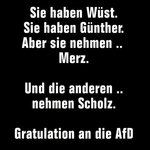 Bild in Trauer-Schwarz mit Text "Sie haben Wüst. Sie haben Günther. Aber sie nehmen .. Merz. Und die anderen .. nehmen Scholz. Gratulation an die AfD"