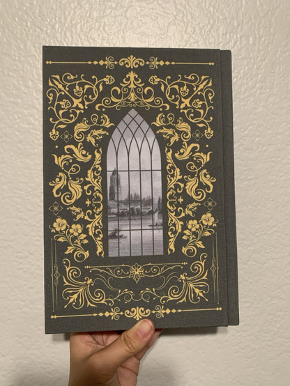 This image shows the back cover of the book. It has the same design as the front cover except that there are no words, and the gothic window shows a slightly different section of the image of the steel plate engraving of Oxford.