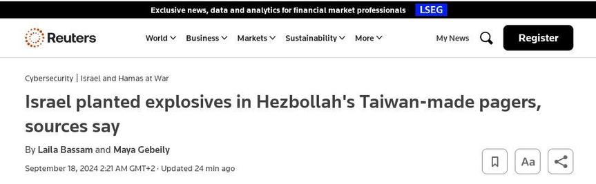 Hezbollah's pagers explode in Lebanon
Headlines Reuters 2024 Sep.17