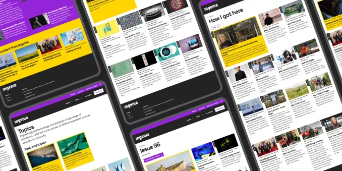Several overlapping digital layouts showcasing the Ingenia magazine website, featuring sections on various topics, including articles on engineering, technology, and career advice. The vibrant color palette includes shades of purple, yellow, and white, with bold headlines and multiple images accompanying the articles. The designs highlight different pages, such as featured topics and interviews with professionals.