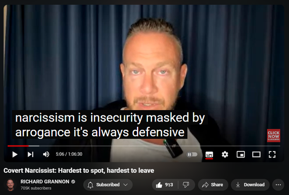 https://www.youtube.com/watch?v=4q8buwrMZTI
Covert Narcissist: Hardest to spot, hardest to leave
 
 views  
Streamed live 12 hours ago
Covert Narcissist: Hardest to spot, hardest to leave