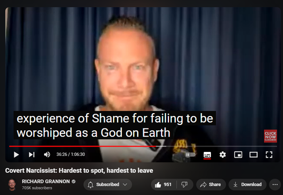 https://www.youtube.com/watch?v=4q8buwrMZTI
Covert Narcissist: Hardest to spot, hardest to leave

Streamed live 12 hours ago
Covert Narcissist: Hardest to spot, hardest to leave