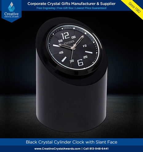 Black crystal cylinder clock with slant face, crystal desk clock, engraved crystal clock gift, personalized crystal clock award, desk clock crystal gift, promotional clock, desk clock, engraved crystal desk accessory, crystal office gift, wholesale crystal gifts supplier in USA β Creative Crystal Awards