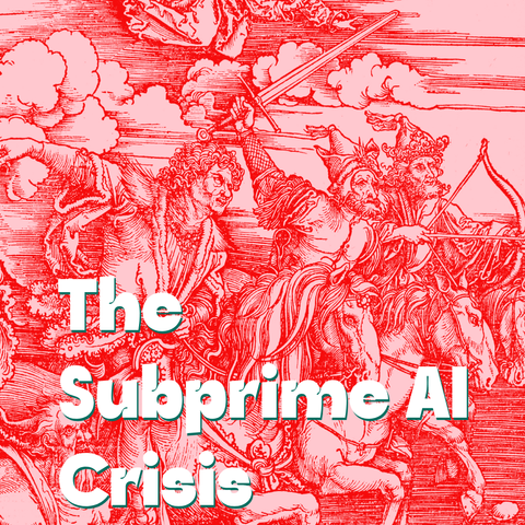 White text with green shadow on image of The fourth woodcut of the Apocalypse series, The Four Horsemen of the Apocalypse (1498)
Albrecht Dürer -  in red pink duotone:
The Subprime AI Crisis