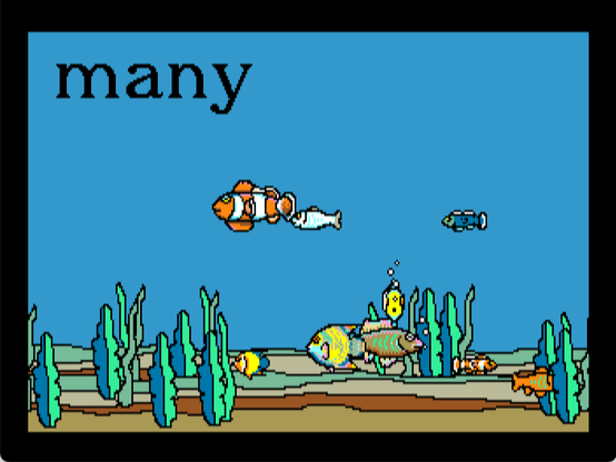 gameplay screenshot from "Stickybear Opposites" with word "many"