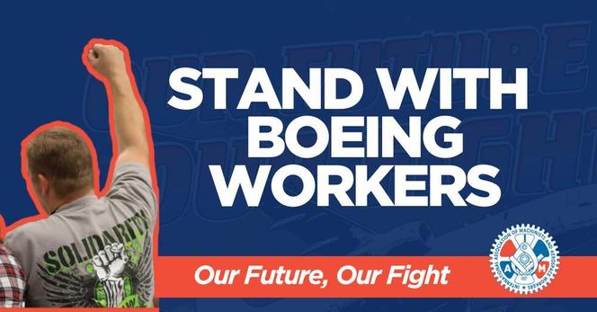 Stand with Boeing workers

Our Future Our Fight 

Worker in union Solidarity shirt has clenched fist in the air 

Union logo
